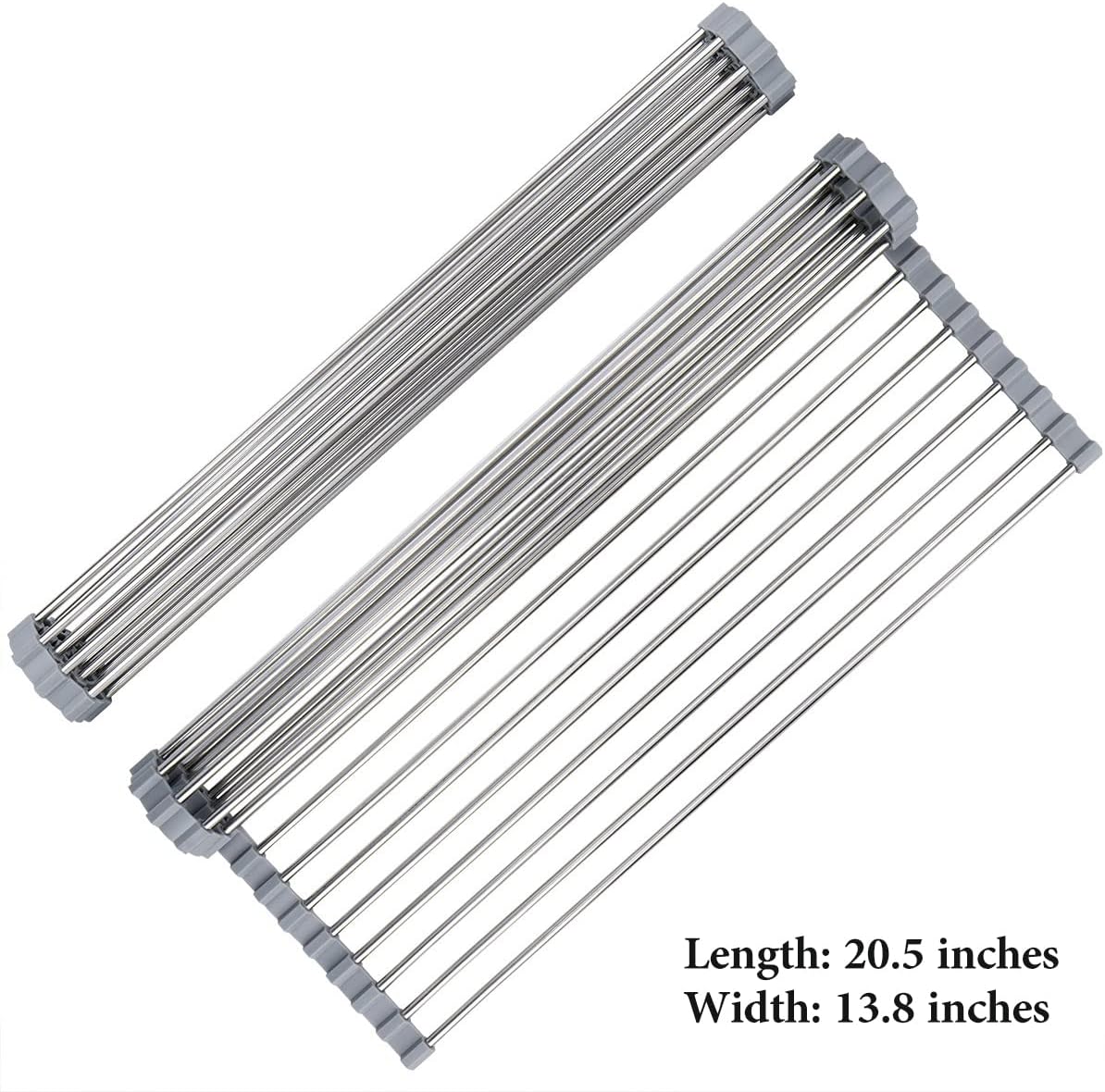 Roll Up Dish Drying Rack 20.5"(L) x 13.8"(W) - Stainless Steel and Silicone Dish Drying Mat Over The Sink Foldable Drain Rack Multipurpose Dish Drainer Extra Large, Gray