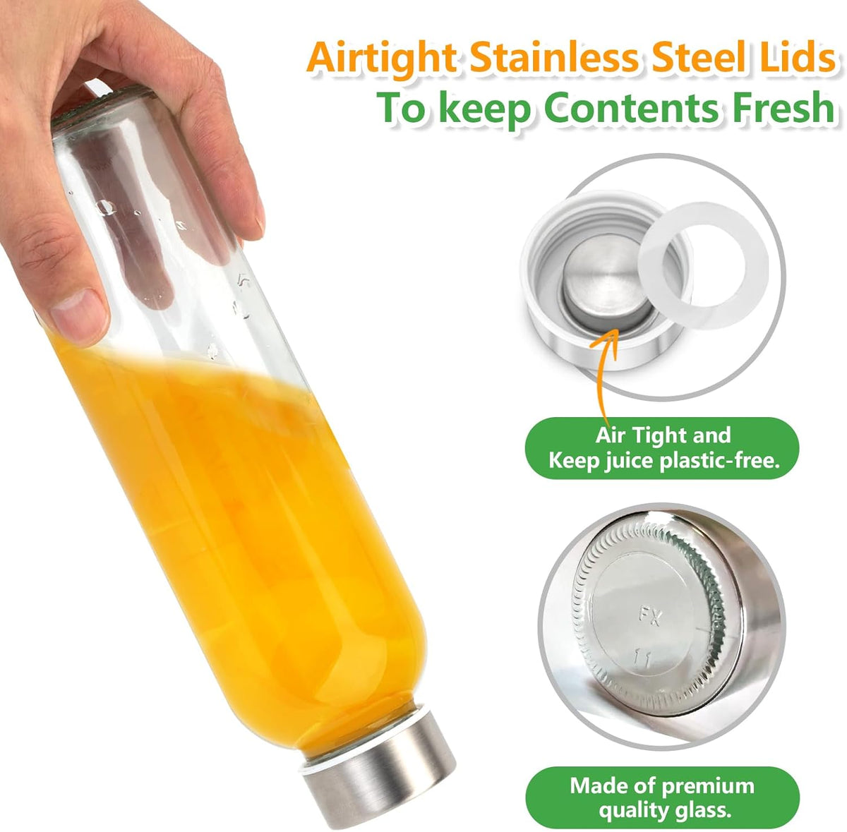 Zukro Glass Water Bottles with Lids 18 oz, 3 Pack Reusable Juice Bottles With Stainless Steel Airtight Cap for Juicing, Leak Proof Clear Drinking Jar Beverage storage container for Fridge, BPA Free
