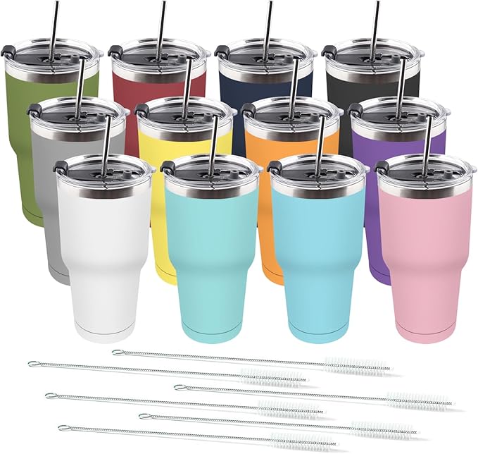Amtidy 12 Pack 30oz Travel Mug, Powder Coated Stainless Steel Vacuum Double Wall Bulk Tumbler, Durable Insulated Coffe Cup with Splash Proof Lids straw and cleaning brush，for Home, Office, Party