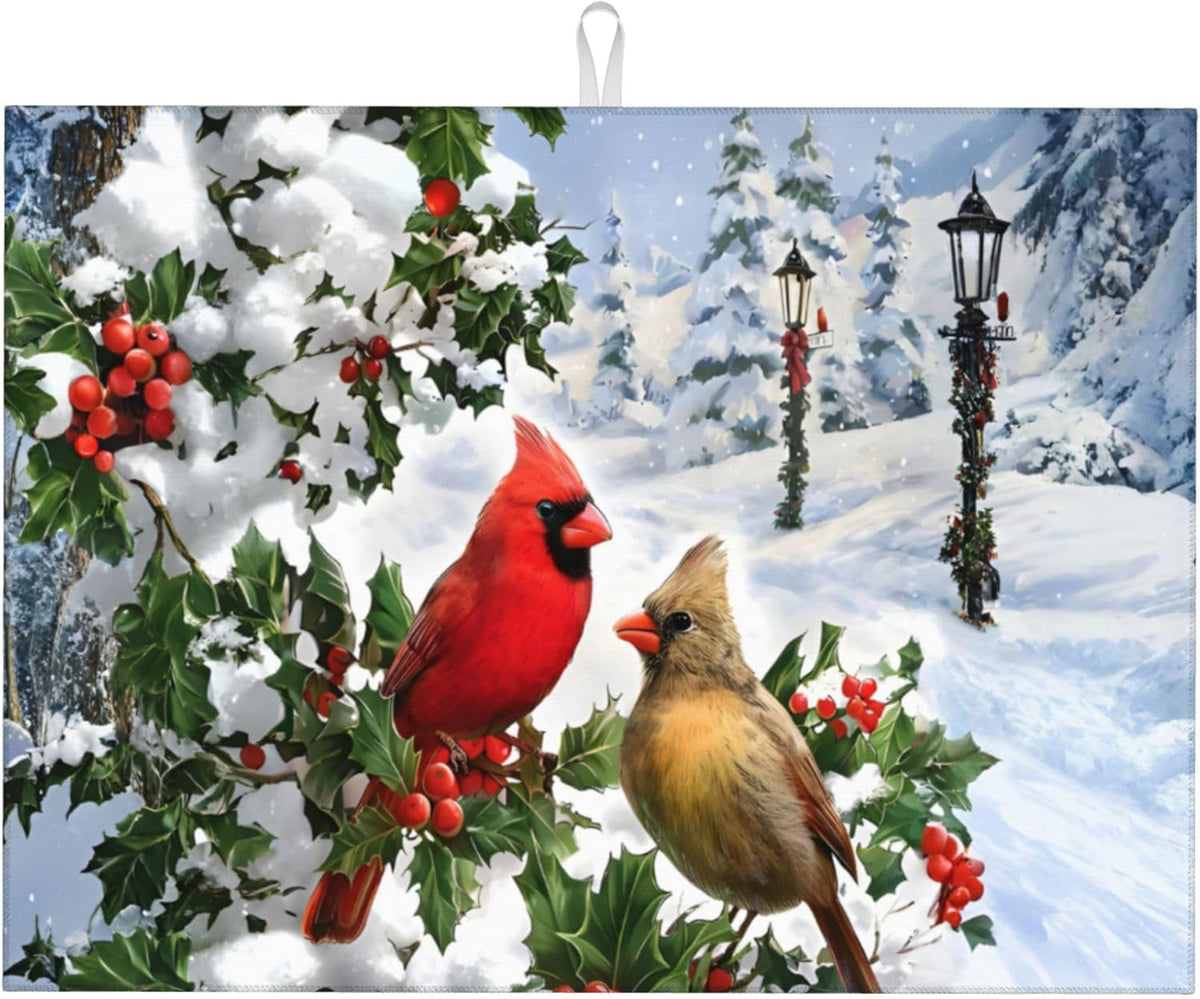 Kitchen Drying Mat Winter Cardinal Birds Microfiber Dish Drainer Mat for Kitchen Counter Absorbent Reusable Washable 18x24 Inch Home Holiday Decor