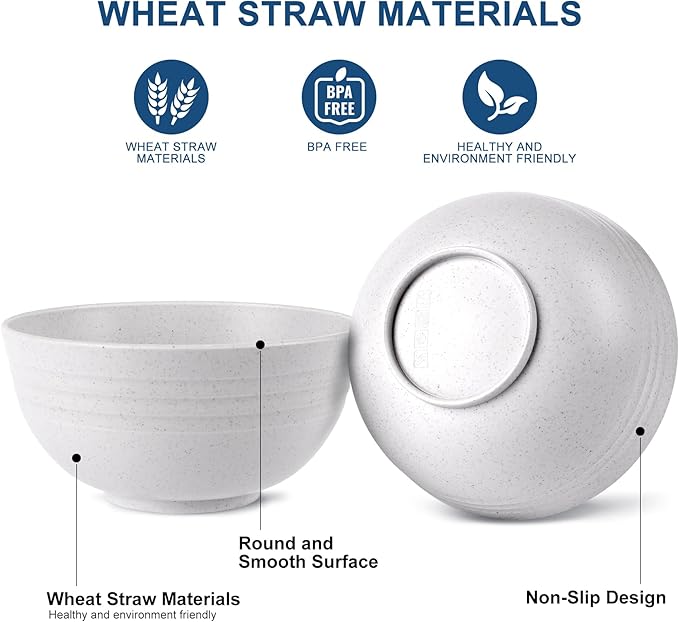 HOTEC Unbreakable Wheat Straw Cereal Bowls - Microwave & Dishwasher Safe Soup and Salad Bowls BPA Free, Set of 8, 26oz, White