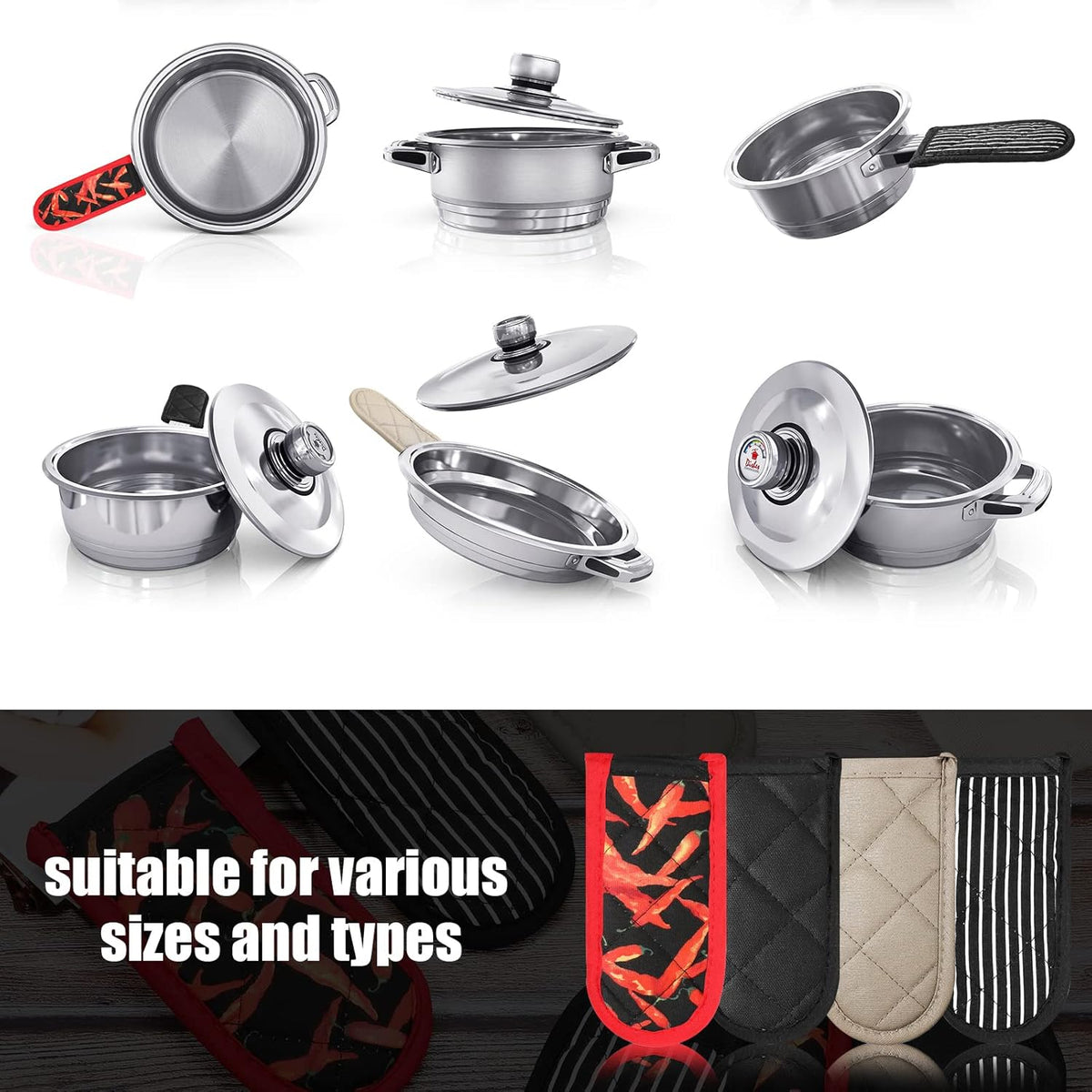 Geiserailie 8 Pieces Pan Handle Sleeve Heat Resistant Pot Sleeve Grip Non-Slip Skillet Pot Holder Machine Washable Cast Iron Handle Cover Cotton Assist Holder, 4 Styles, 3 x 6 Inch(Vivid Style)