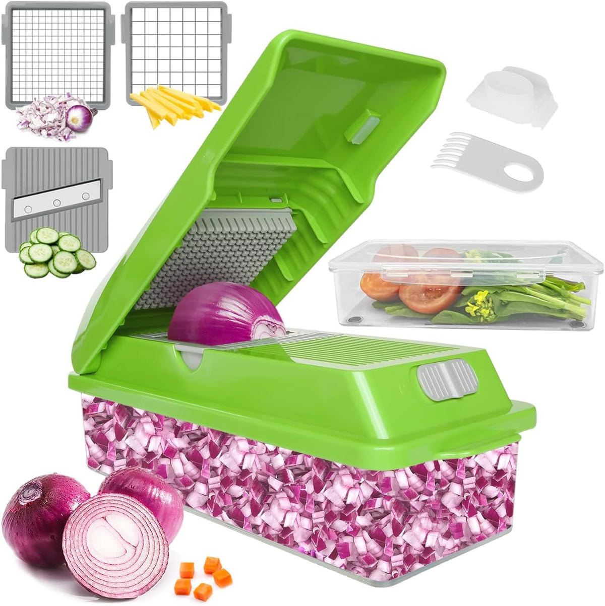 LHS Multifunctional Vegetables Chopper with Container, Manual Processor Cutter, Pro Onion Cutter, Vegetable Slicer Dicer Cutter with 3 Blades, Veggie Salp Chopper(6-in-1,Green)