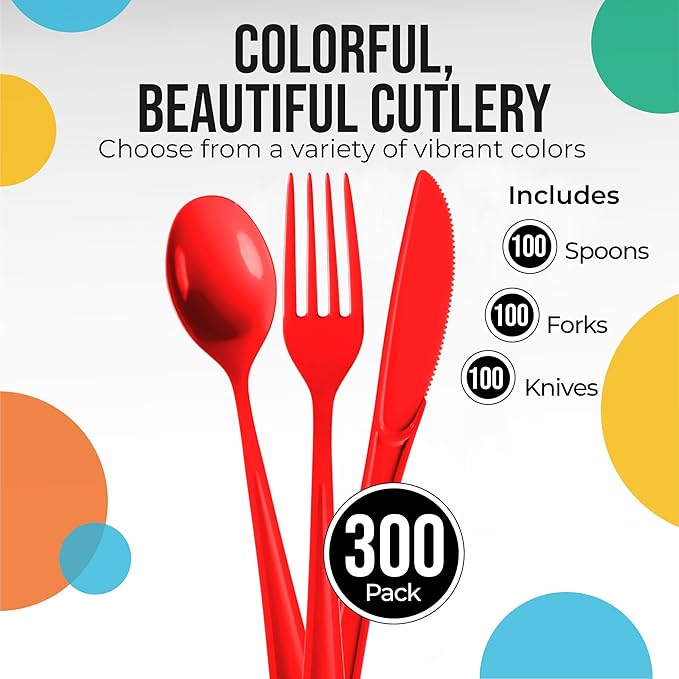 Party Solids Red Plastic Silverware Heavy Duty 300 Pieces Red Plastic Cutlery Sets, Utensil Sets, 100 Of Each Forks, Knives & Spoons Disposable Cutlery Set, Flatware Set For Party Supplies