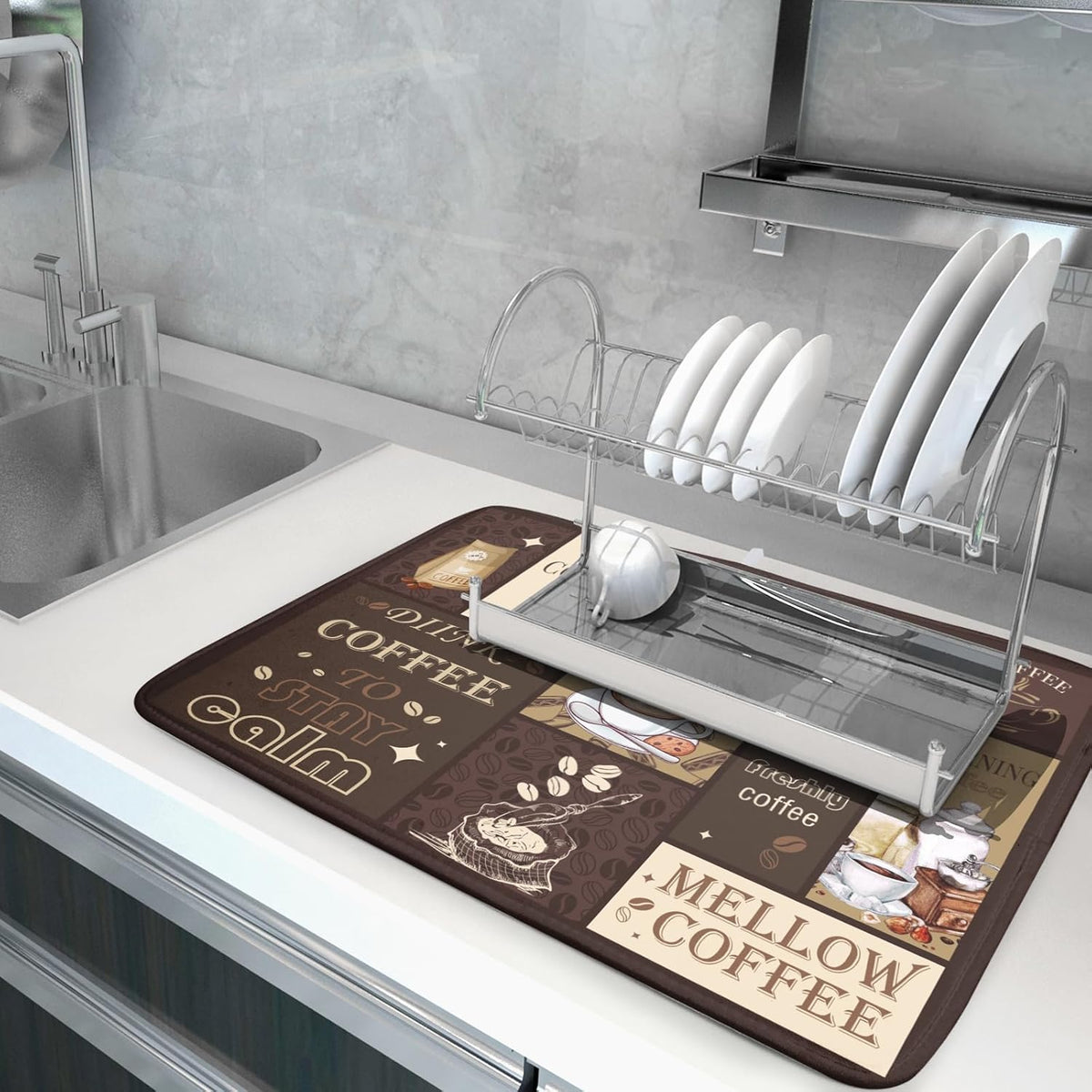 Brown Coffee Dish Drying Mat 18x24 Inch Coffee Cup Espresso Machine Pad Absorbent Washable Dish Rack Pad for Kitchen Counter Cafe Bar