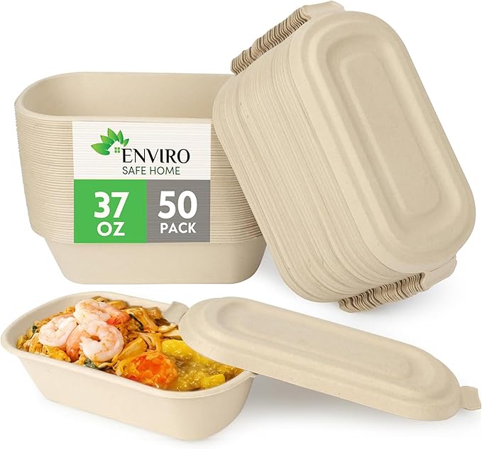 37 Oz Bamboo Disposable Food Containers, 50 Pack - Heavy Duty, Microwavable, Oven Safe - Perfect For Meal Prep, Salads, Lunch, To Go Food - Biodegradable (Brown)