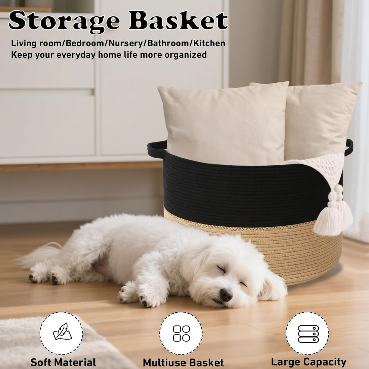 Large Blanket Basket for Organizing,115L Closet Organizers and Storage Bins Box for Shelves Woven Rope Storage Baskets,Living Room,Bedroom,Dorm,Laundry room (Black&Camel)