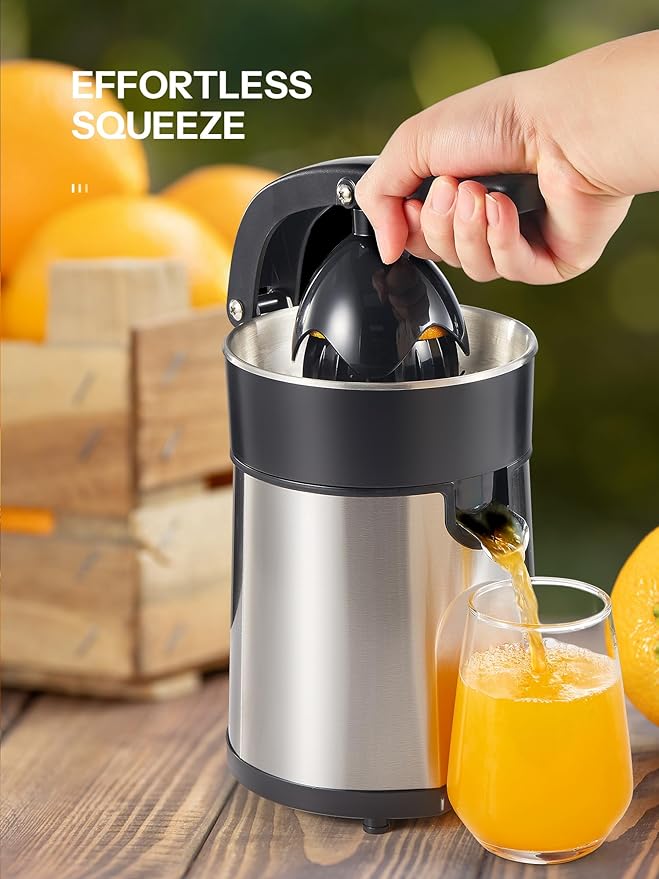 Professional Brushed Stainless Steel Electric Citrus Juicer, 2 Interchangeable Cones for Orange, Lemon & Grapefruit, Easy Clean, Durable Design & Effortless Operation