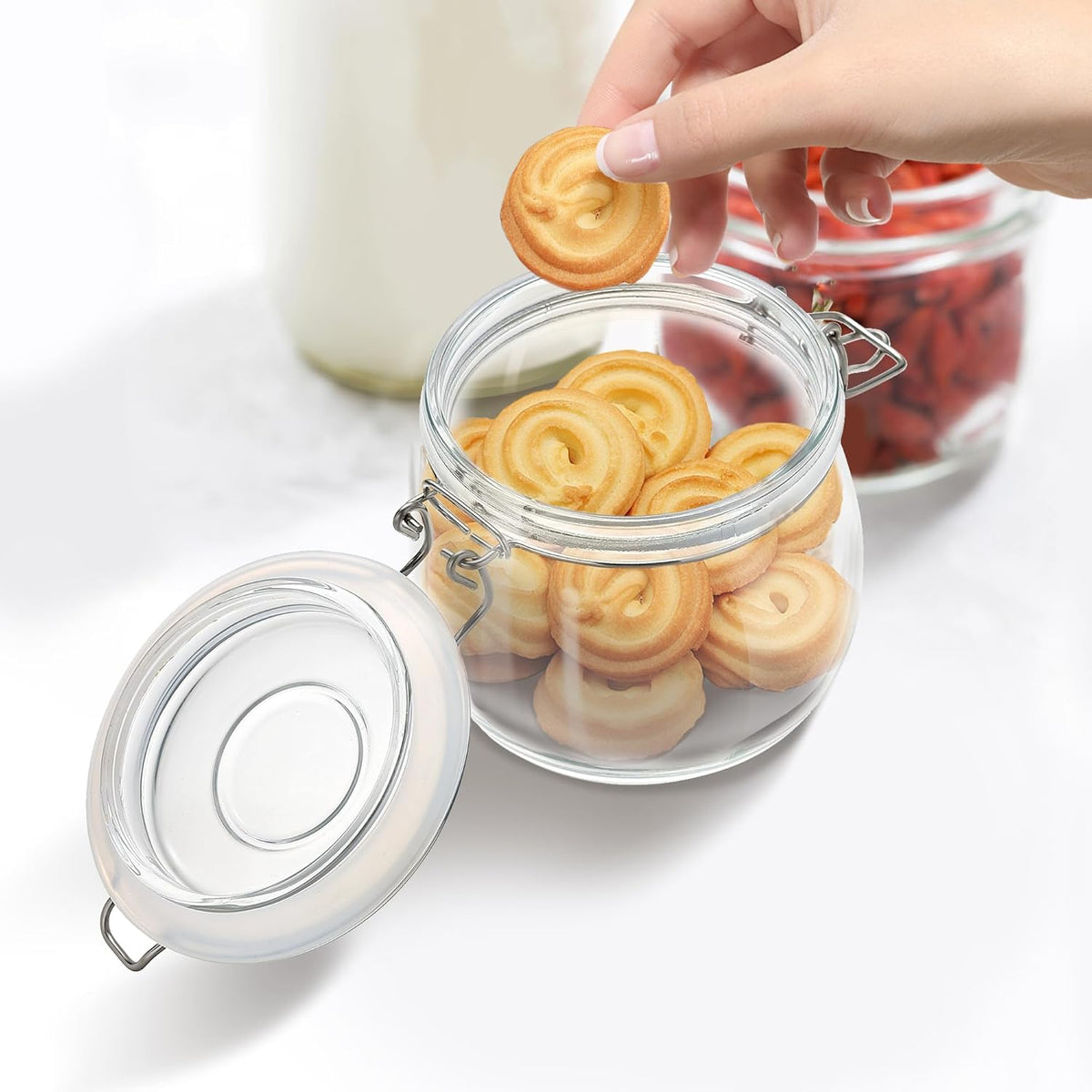Glass Food Storage Jars with Airtight Lids 13 oz Round 4 Pack Kitchen Storage Containers Small Cabinet Canisters Sealed Pot Canning for Pasta, Cereal, Coffee, Beans, Spice