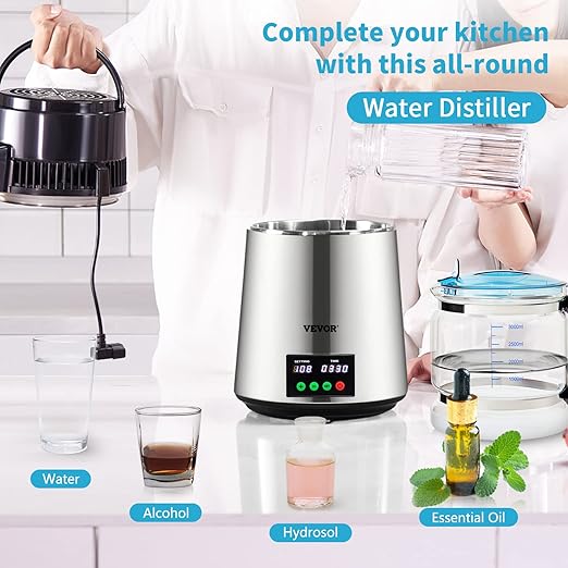 VEVOR 1.1 Gal Water Distiller, 0.3 Gal/H, Distilled Water Maker Machine 750W 0-99H Timing Set Temp Display, 304 Stainless Steel Countertop Distiller Glass Carafe Cleaning Powder 3 Carbon Packs, Silver