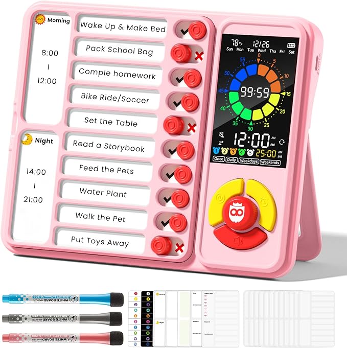 ADHD Tool for Kids, 5-in-1 Visual Timer with Chore Chart Board, Visual Schedule for Kids, 12/24 Task Timer with 99'59'' Countdown/Countup, 5 Alarms, Silent Operation Visual Schedule for Autism - Pink