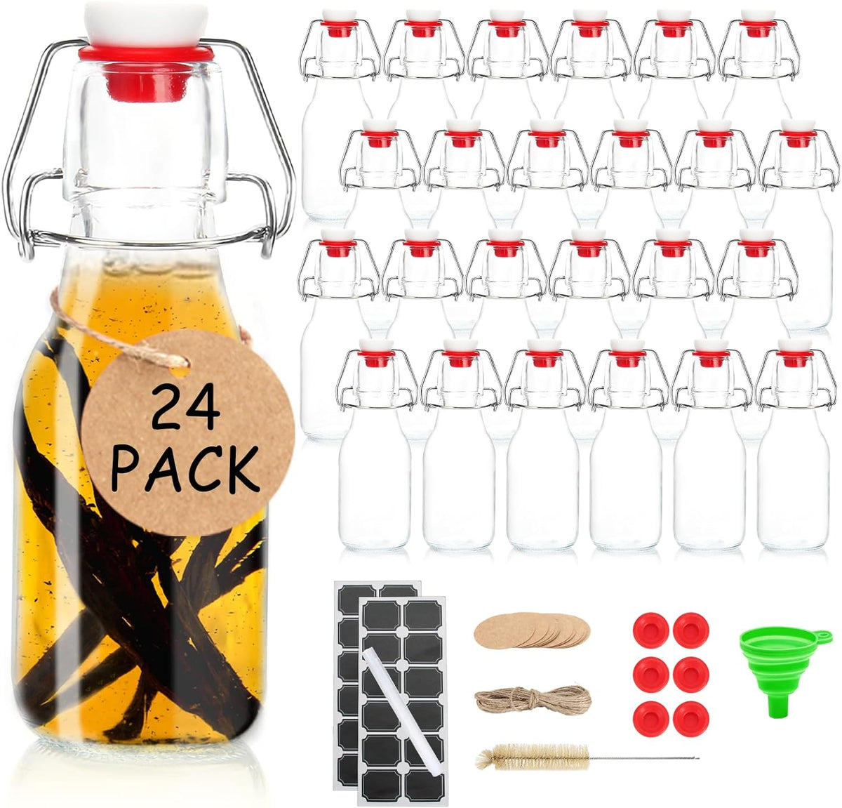 Ruckae 24 Pack 4oz Swing Top Glass Bottles with Lids Kombucha Coquito Flip Top Glass Bottle for Syrup Vanilla Extract Brew Beer Kefir Air Tight Bottles for Gift (4 oz 24 pack)
