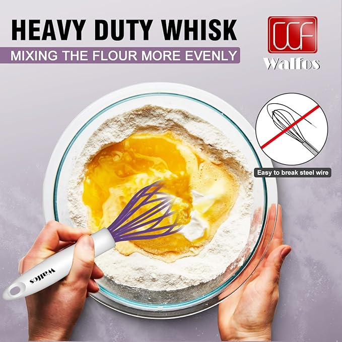 Walfos Whisk,Silicone Whisk Heat Resistant (480°F) Kitchen Whisks set of 5.Non Scratch Coated Whisks for Nonstick Cookware,Egg Wisk Premium for Blending,Whisking,Beating,Frothing. (Purple)