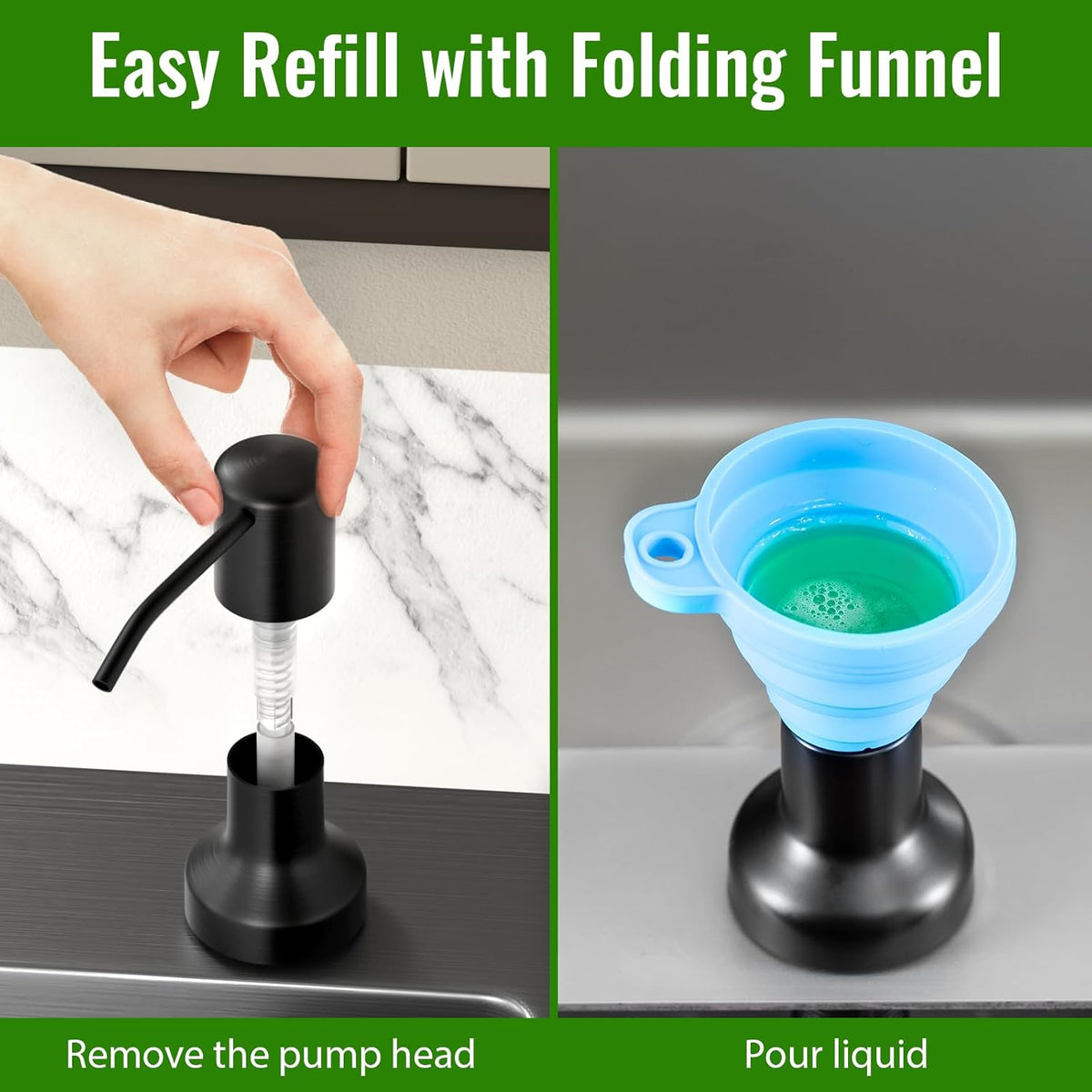 Soap Dispenser for Kitchen Sink, Kitchen Sink Soap Dispenser with 17 OZ Bottle, Refill from The Top Bar, Longer Threaded Shaft Shank, Wide Pump Head Base (Black)