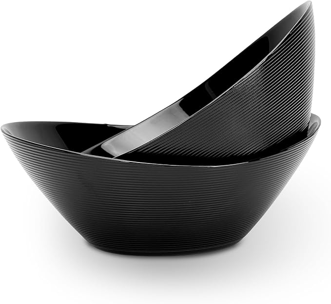 66 OZ Salad Bowl Set of 2, Opal Glass 10 inch Lightweight Serving Dishes for Salad, Fruit, Kitchen Microwave & Dishwasher Safe, Oval Shape Black