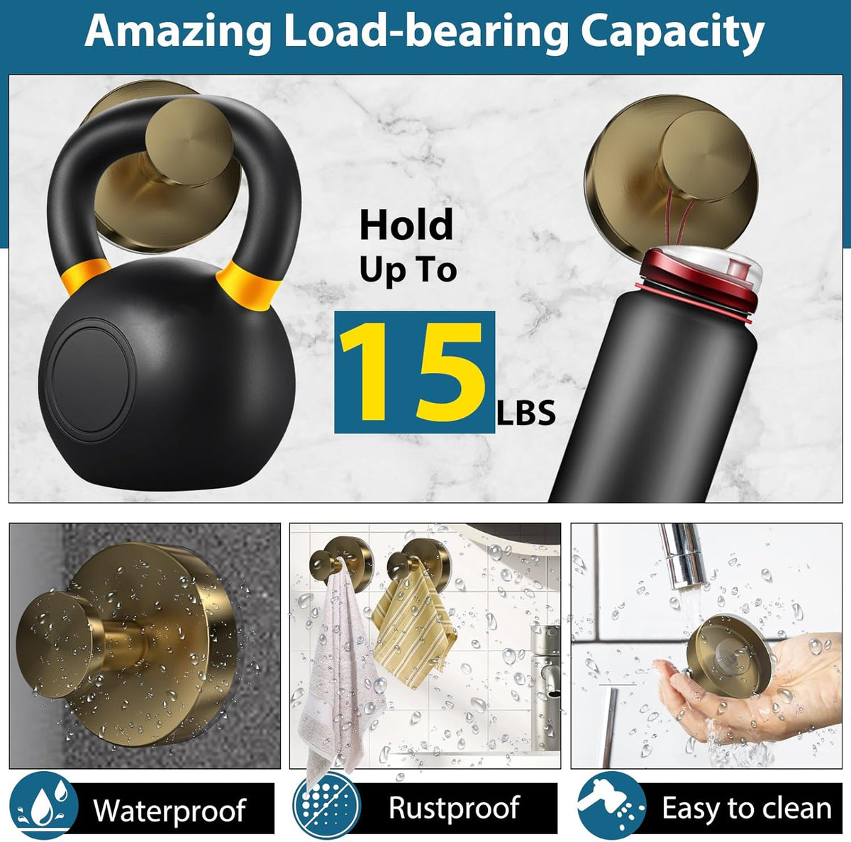 Suction Cup Hooks for Shower, 2 PCS No-Drill Towel Holder for Bathrooms Wall, Glass Door, Mirror, Tiles, Kitchen, Hold Robe & Wreath, Hanging up to 15 lbs – Waterproof & Rustproof,Loofah-Gold