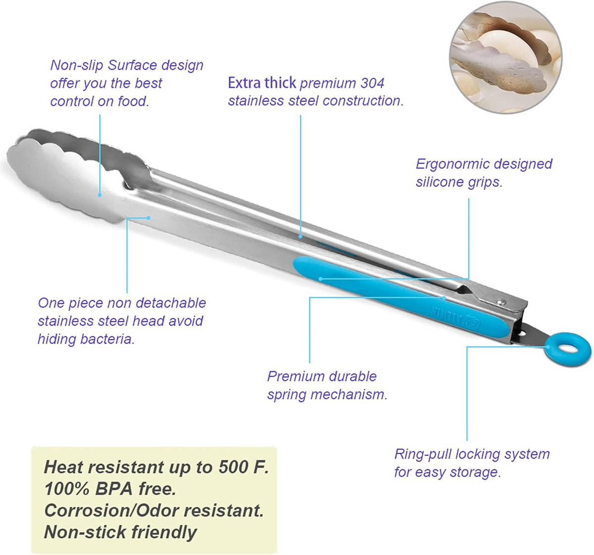 304 Stainless Steel Kitchen Cooking Tongs, 14" and 16" Set of 2 Sturdy Grilling Barbeque Brushed Locking Food Tongs with Ergonomic Grip, Blue
