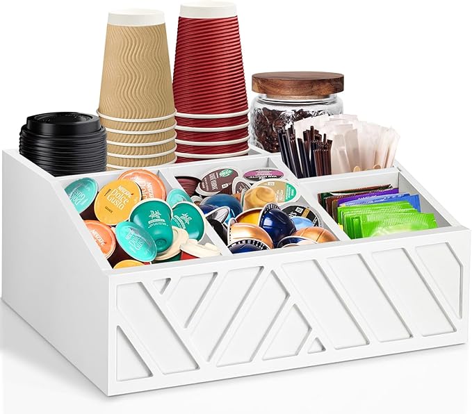 ugiftt Coffee Station Organizer for Counter, Wood Pods Holder Storage Basket, Tea Condiment Storage Organizer, Rustic Coffee Bar Decor for Accessories Organizer