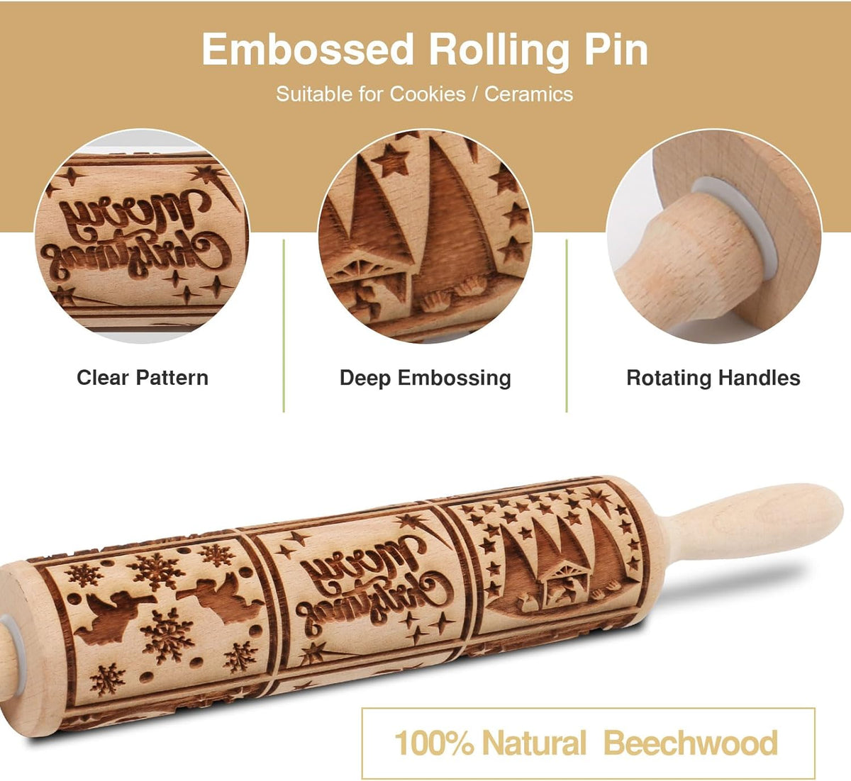 Christmas Embossed Rolling Pin for Baking Cookies Embossing Rolling Pins with Design Wooden Engraved Springerle Roller Pin Dough Patterned Clay Pottery Ceramic Bakers Women (Nativity Square Patterns)