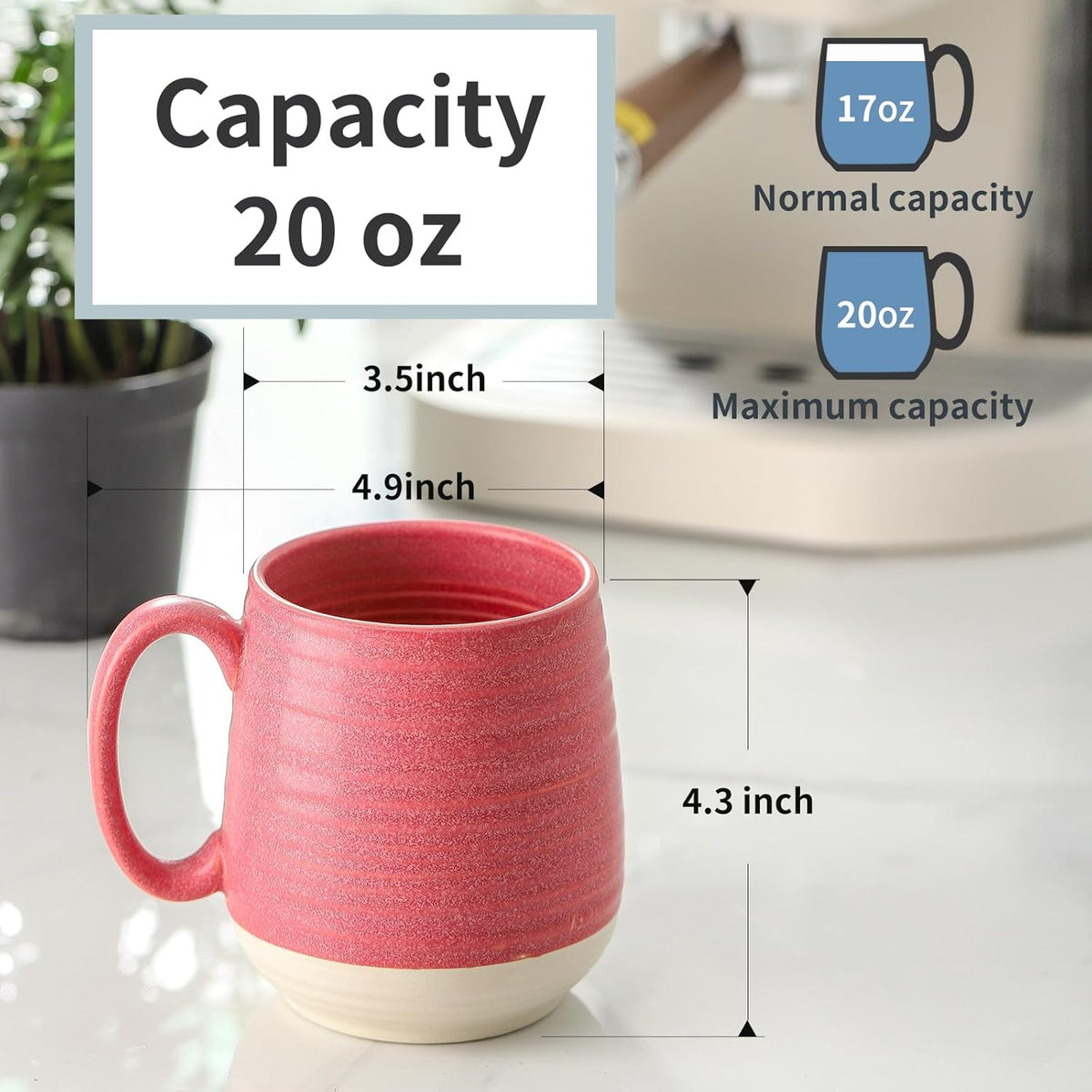 Hasense Coffee Mug, 20 oz Ceramic Coffee Cup for Hot and Cold Drink, Large Latte Mug with Comfortable Handle for Tea Coffee Cocoa, Mother's Day Gifts, 1 PCS(Pink Red)
