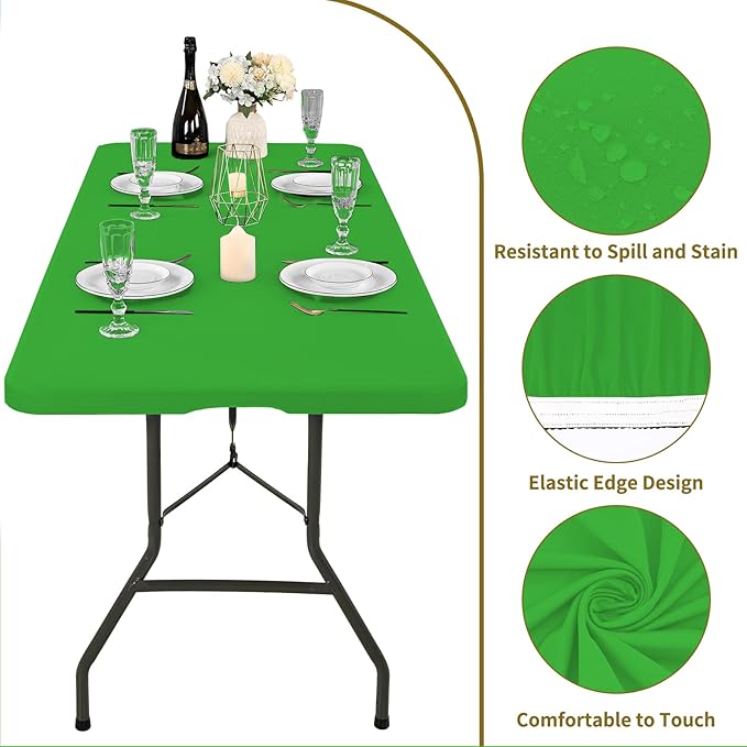 6 Pack Fitted Tablecloth for 8 Foot Rectangle Tables, Green Elastic Outdoor Picnic Table Cover, Washable Stretch Folding Table Cloths 8 ft for Camping Party Patio Kitchen Banquet, 30" W x 96" L