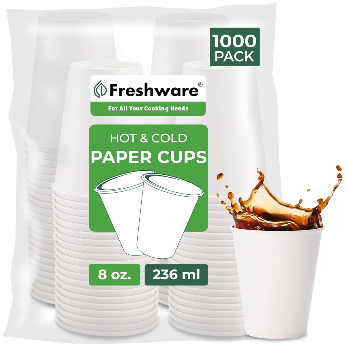 Freshware Coffee Cups 8 oz [1000 Pack] Disposable Paper Cups for Hot or Iced Coffee Cup, Slushie Cup, Milkshakes, Smoothies, and Tea