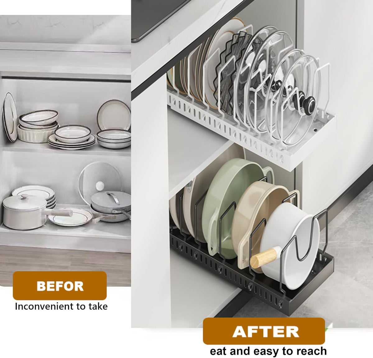 Pots and Pans Organizer for under Cabinet,Pull Out Cabinet Organizer with 8 Adjustable Dividers (Black, Sliding type)
