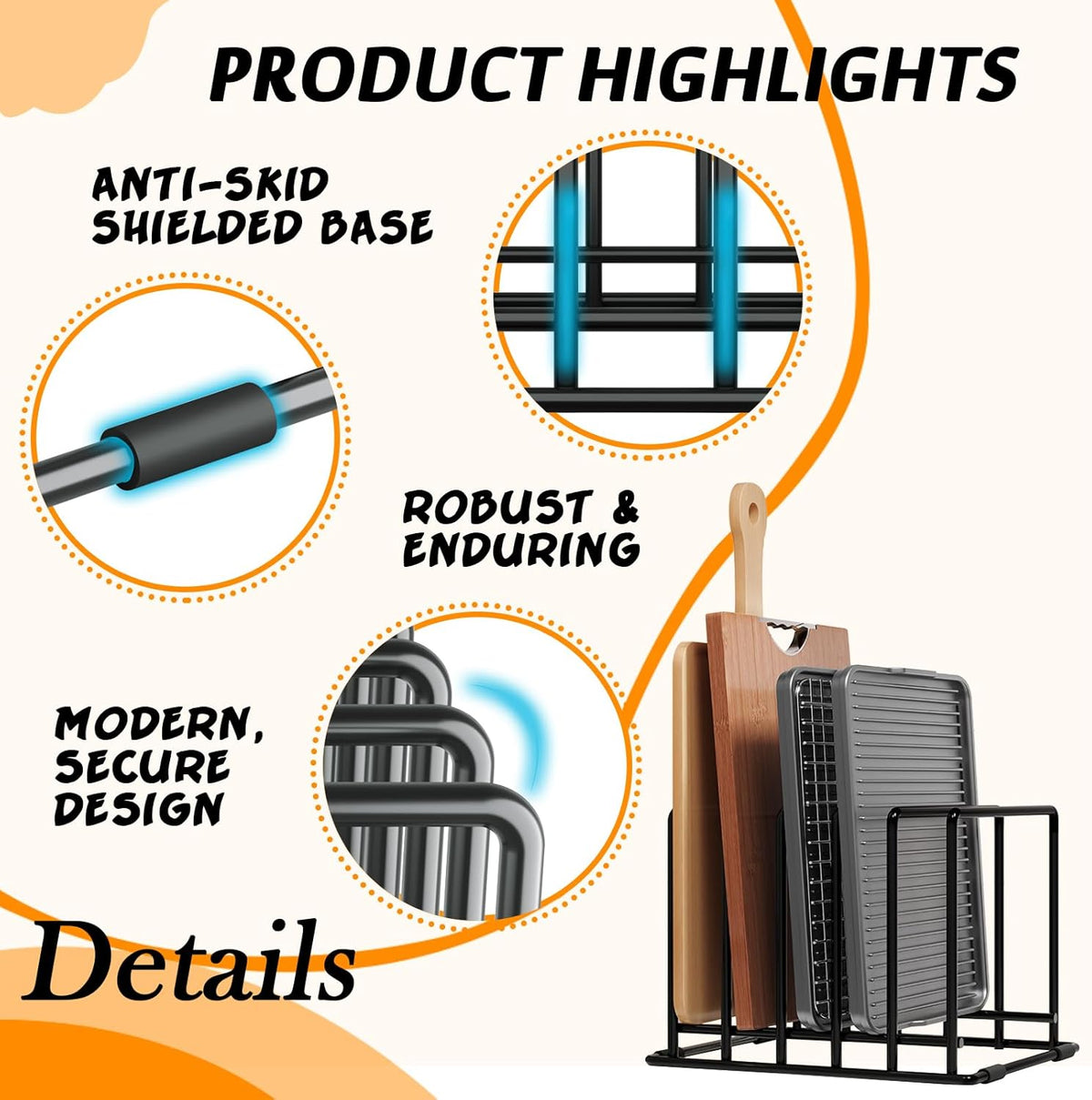 Baking Sheet Organizer Rack – 5-Slot Bakeware & Cookie Tray Holder for Kitchen Cabinet or Countertop, Compact Stainless Steel Cutting Board Rack with Rust-Resistant Frame & Anti-Slip Feet