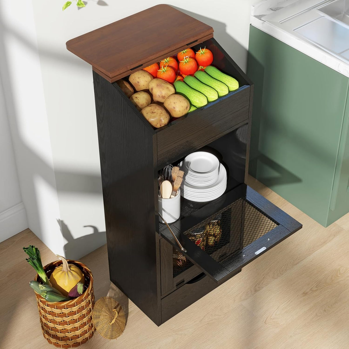 Patiorama Wood Potato and Onion Storage Bin Box with Lid, 4-Tier Farmhouse Wooden Bread Box Cabinet with 2 Mesh Doors & Rolling Drawer, Large Vegetable Storage Bin Organizer for Kitchen Pantry Black