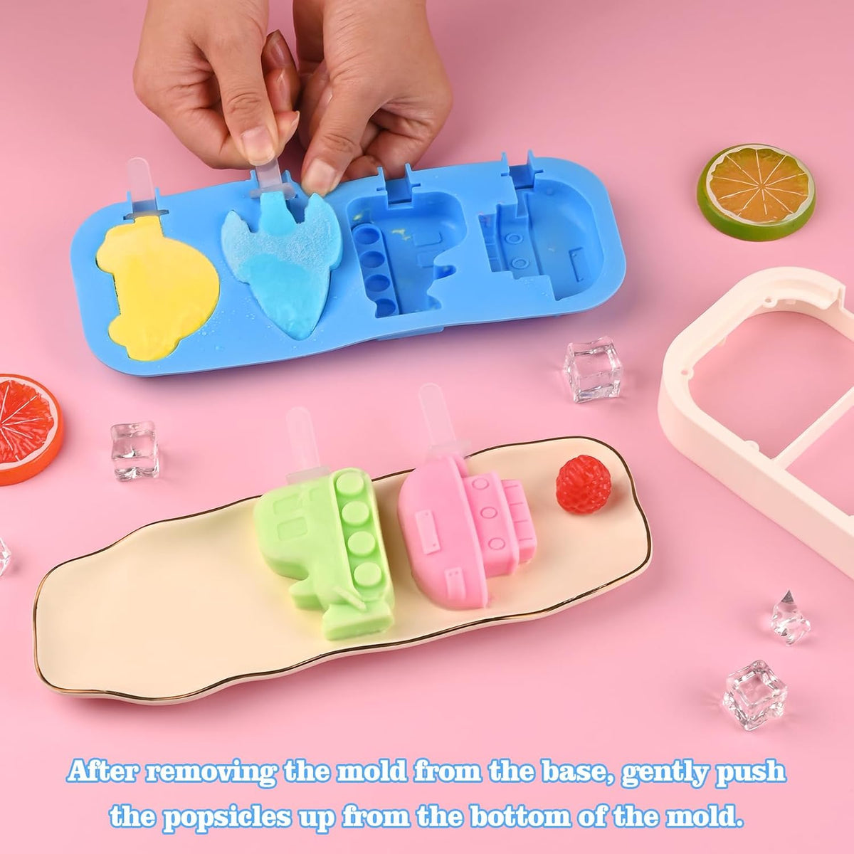 Sakolla 2 Pack Silicone Popsicle Molds with Sticks & Lid, 4-Cavity Mini Popsicle Molds for Kids - Cars, Ships, Train, Rocket and Dino Shapes (Green & Blue)
