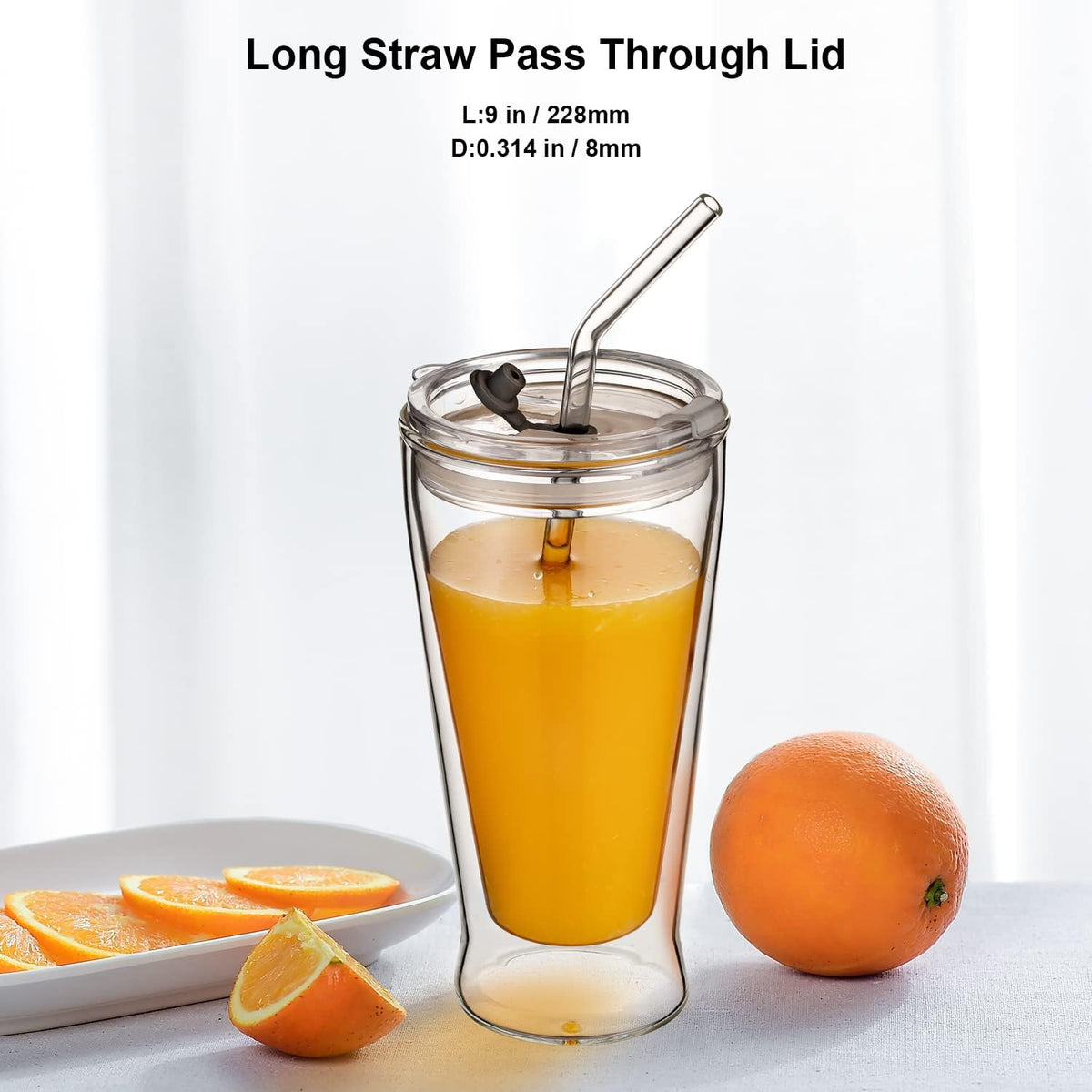 Borosilicate Glass Straws for 16 oz Tumbler, 9 inch 8mm BPA Free, Reusable Drinking Straws Clear Bent Skinny for Iced Coffee and Hot Drinks