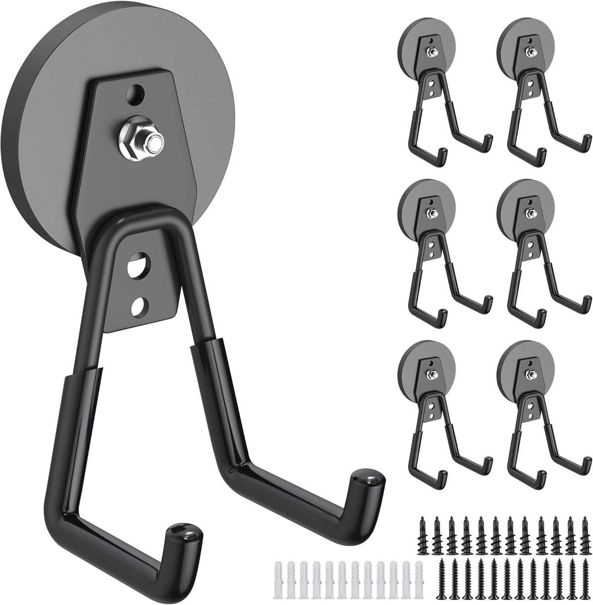6 Pack Heavy Duty Storage Magnetic Utility Hooks Large Garage Strong Extra Magnet Hooks Hanger with Anti-Slip Coating Heavy Duty Magnetic Hooks for Hanging Power Dril Garage Garden Tools Black