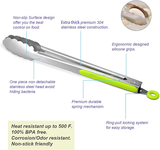 304 Stainless Steel Kitchen Cooking Tongs, 9" and 12" Set of 4 Sturdy Grilling Barbeque Brushed Locking Food Tongs with Ergonomic Grip, Green