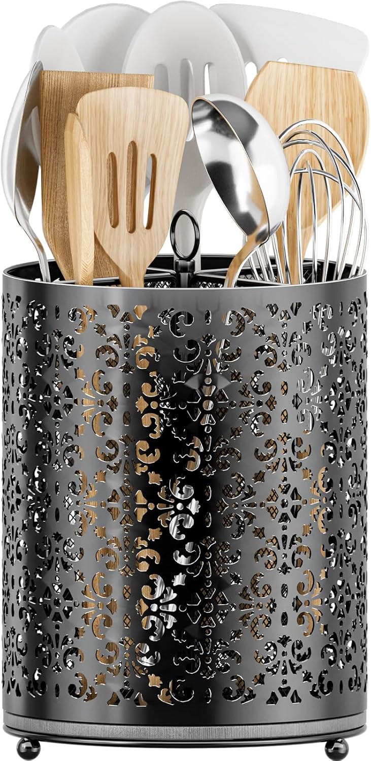 360° Rotating Utensil Holder - Extra Large Cooking Utensils Caddy Counter Organizer with Instant-Dry and Removable Base for Kitchen Tools