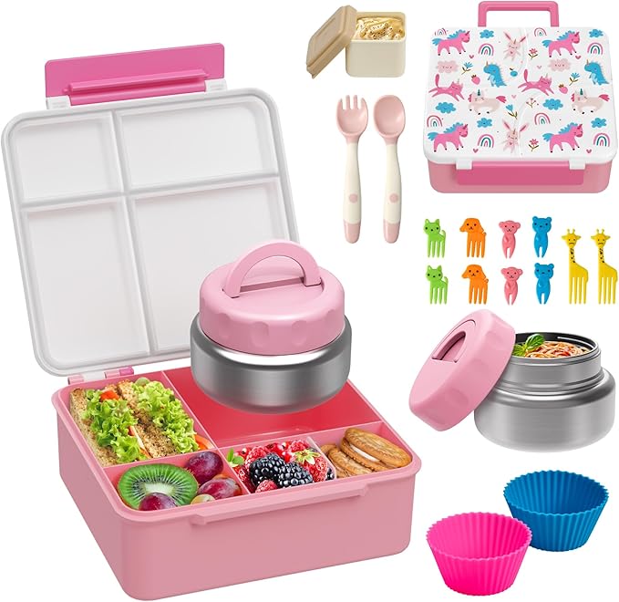 Bento Lunch Box with 9.5 oz Soup Thermo, Kids Leakproof 4 Compartments Bento Box with Silicone Cupcake,Fruit Fork,Spoon and Sauce Cup,Insulated Food Jar for School Travel-Rainbow Horse