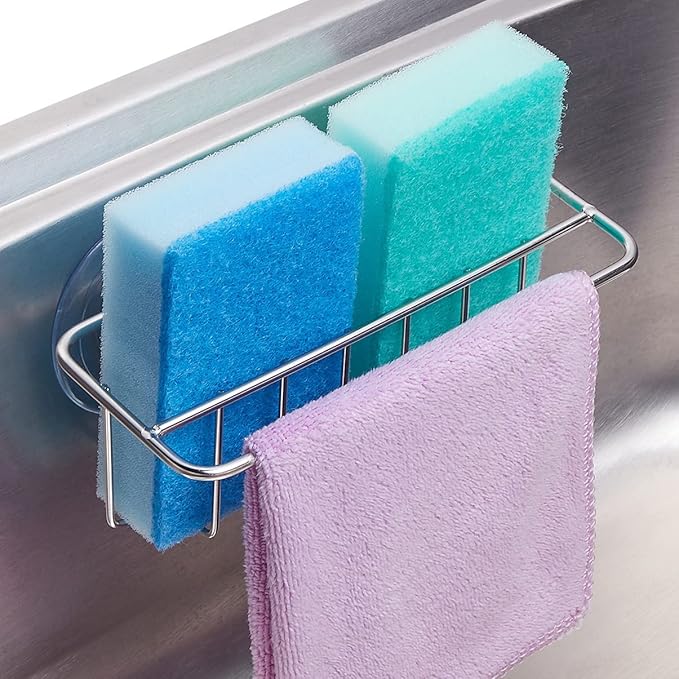 TESOT Sink Caddy Sponge Holder for Kitchen Sink Dish Cloth Hanger 2 Suspension Options(Suction Cups and Adhesive Hook), SUS304 Stainless Steel, Silver