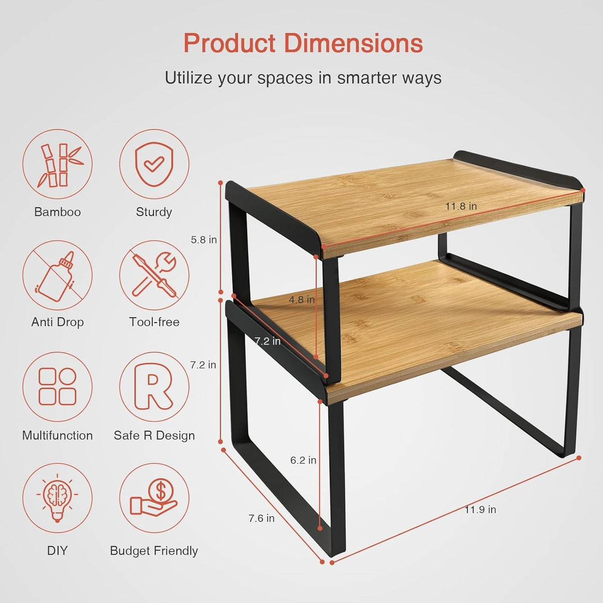 Kitchen Cabinet Organizer Shelves Set of 4, Expandable Counter Shelf Rack for Plate Dish Cup Mug Spice, Stackable Shelf Riser for Pantry Cupboard Desk Top Corner Storage (Bamboo, Black)