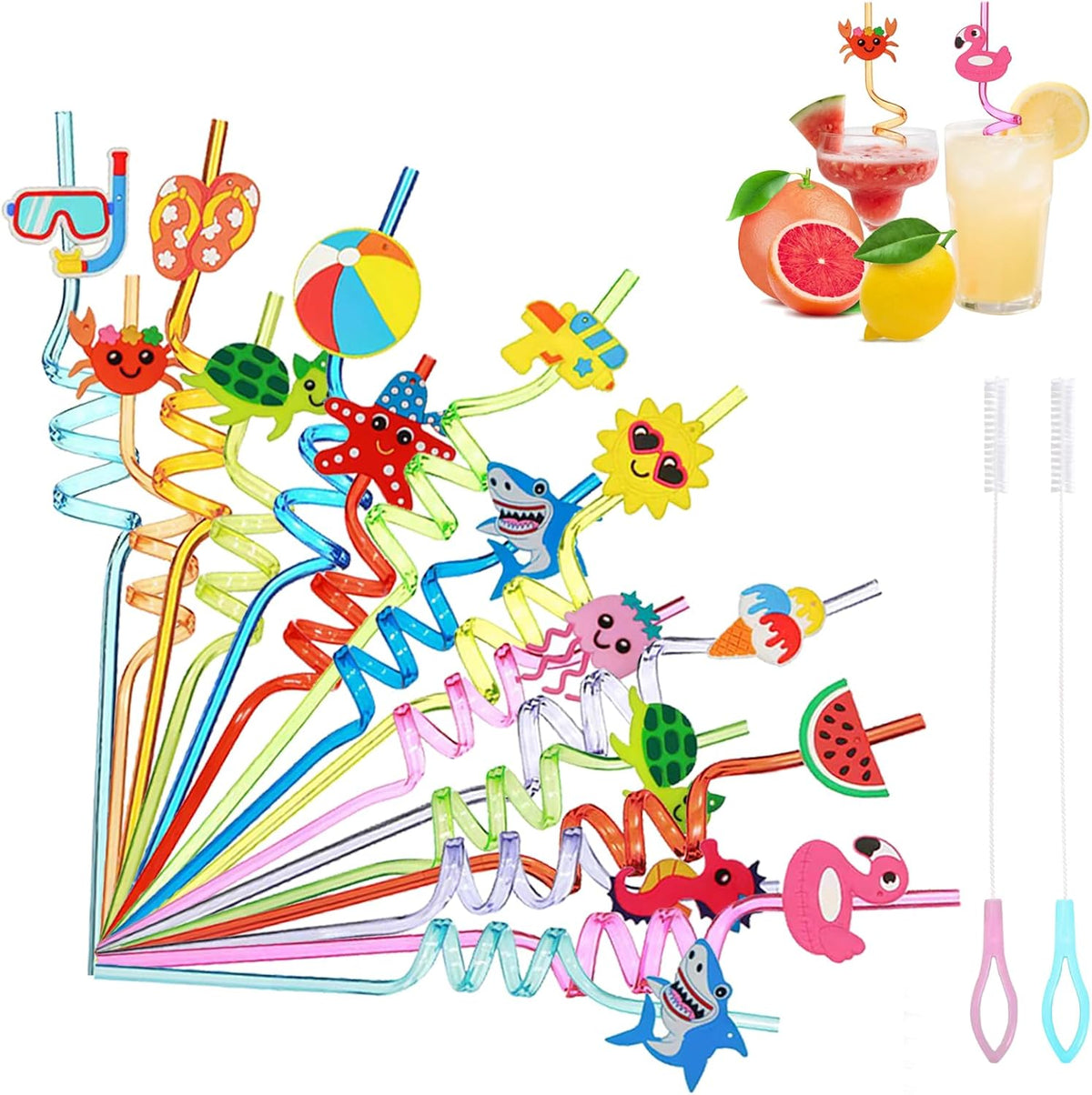QKP 16PCS Reusable Sea Animal Beach Straws, Swirly Drinking Straws for Party Favors, Birthday Party Supplies with 2 PCS Cleaning Brushes(Pink + Blue)