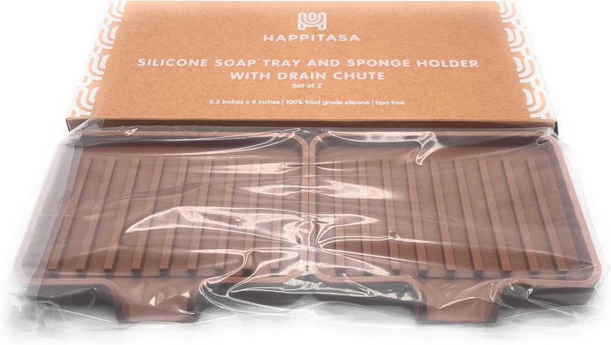 Happitasa Silicone Soap Dish Tray and Sponge Holder with Drain Chute, Pack of 2 | Bathroom and Kitchen Sink Organizer Caddy (Mocha, 5.2"x4", 7.2 Ounces)