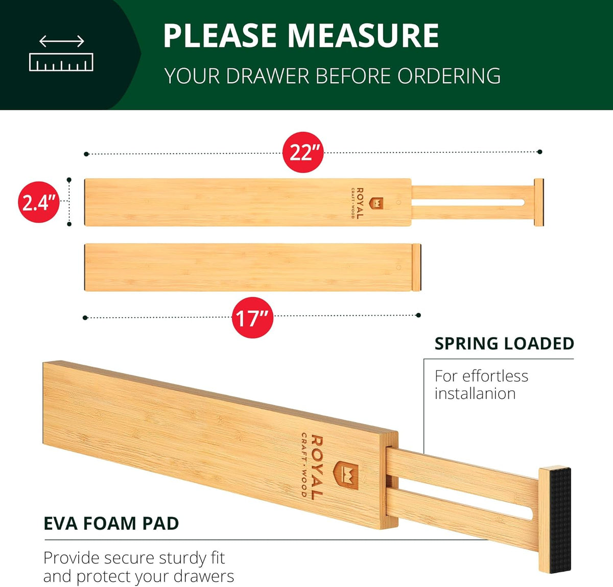 Drawer Divider and Organizer for Kitchen Organization - Adjustable Bamboo Drawer Dividers Organizers (17 - 22") - 4-Pack Expandable Drawer Organization Separators for Kitchen, Bedroom & More, Natural