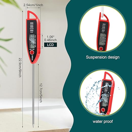 Instant Read Meat Thermometer with Long Probe 9.65 Inch Kitchen Cooking Food Candy Waterproof Digital Thermometer for BBQ Water Milk Yogurt Liquid(Pointed,Red)