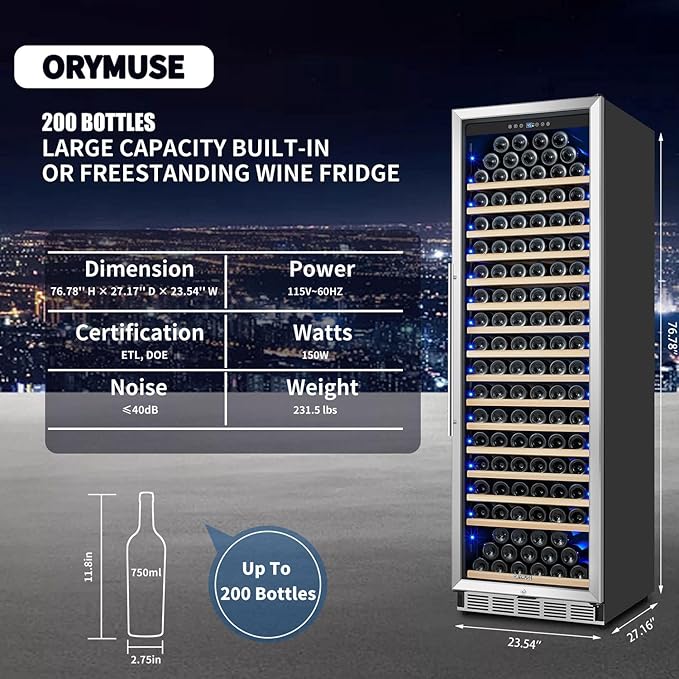 ORYMUSE Large 200 Bottle Wine Fridge - 24 Inch Wine Cooler Refrigerator, Freestanding and Built-in Design, Upgraded Compressor Cooling, Intelligent Temperature Memory
