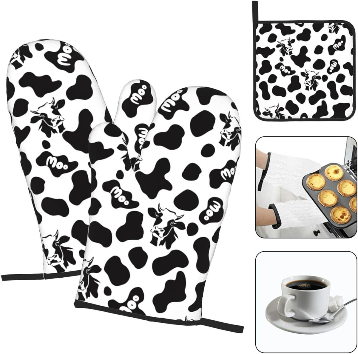 Cow Print Oven Mitts and Pot Holders Sets Heat Resistant for Kitchen BBQ Microwave Baking Grilling Cooks Set of 3 Black White Kitchen Oven Glove