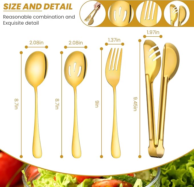 Patelai 8 Pieces Christmas Stainless Steel Gold Serving Utensils Set 8.7" Large Spoons and Slotted Spoon 9.45" Tong 9" Forks Flatware Wedding Party Buffet Banquet Cooking Kitchen Catering