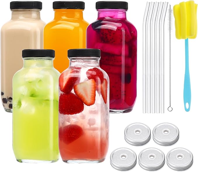 CUCUMI 5pcs 16oz Glass Juice Bottles with Lids, Reusable Juice Containers Drinking Jars Water Cups with Brush, Glass Straws, Lids with Hole