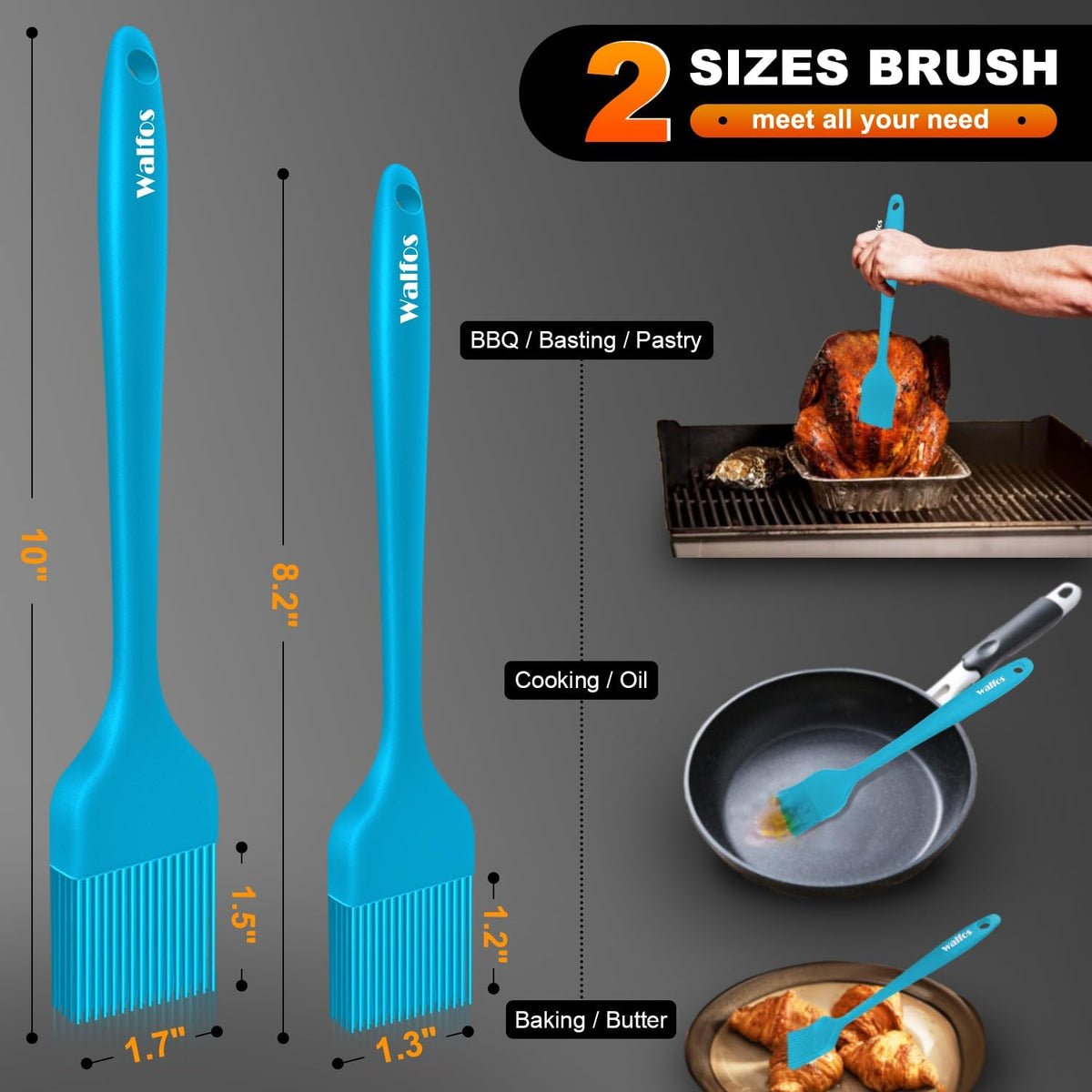 Walfos Silicone Basting Pastry Brush, Heat Resistant Pastry Brush Set, Strong Steel Core and One-Pieces Design, Perfect for BBQ Grill Baking Kitchen Cooking, BPA Free and Dishwasher Safe, 2 Pcs (Blue)
