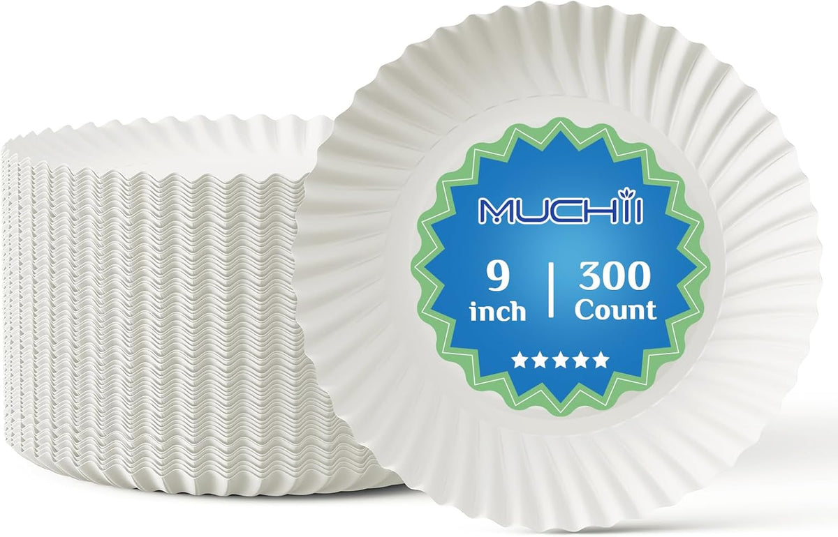 MUCHII 300 Count 9 Inch Paper Plates, Disposable Dinner Plates Bulk, White Plate Uncoated for Parties, Catering, Picnics, and DIY