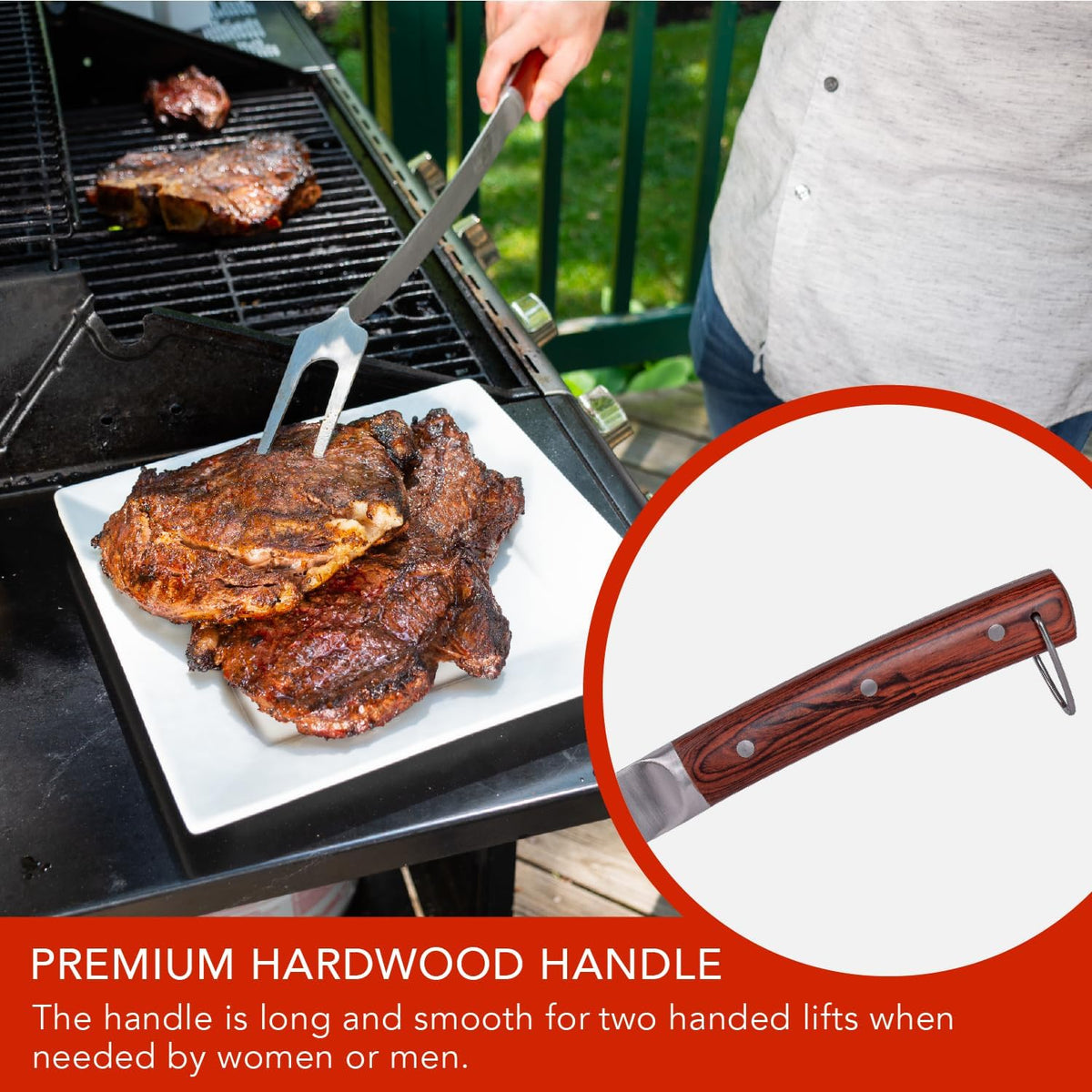 Grill Fork 24-inch Super Long for Grilling Barbecue Griddle and Fire Pit Extra Strong Curved Neck Premium Hardwood Handle Large Stainless Steel Tines for BBQ Outdoor Kitchen and Grilled Food