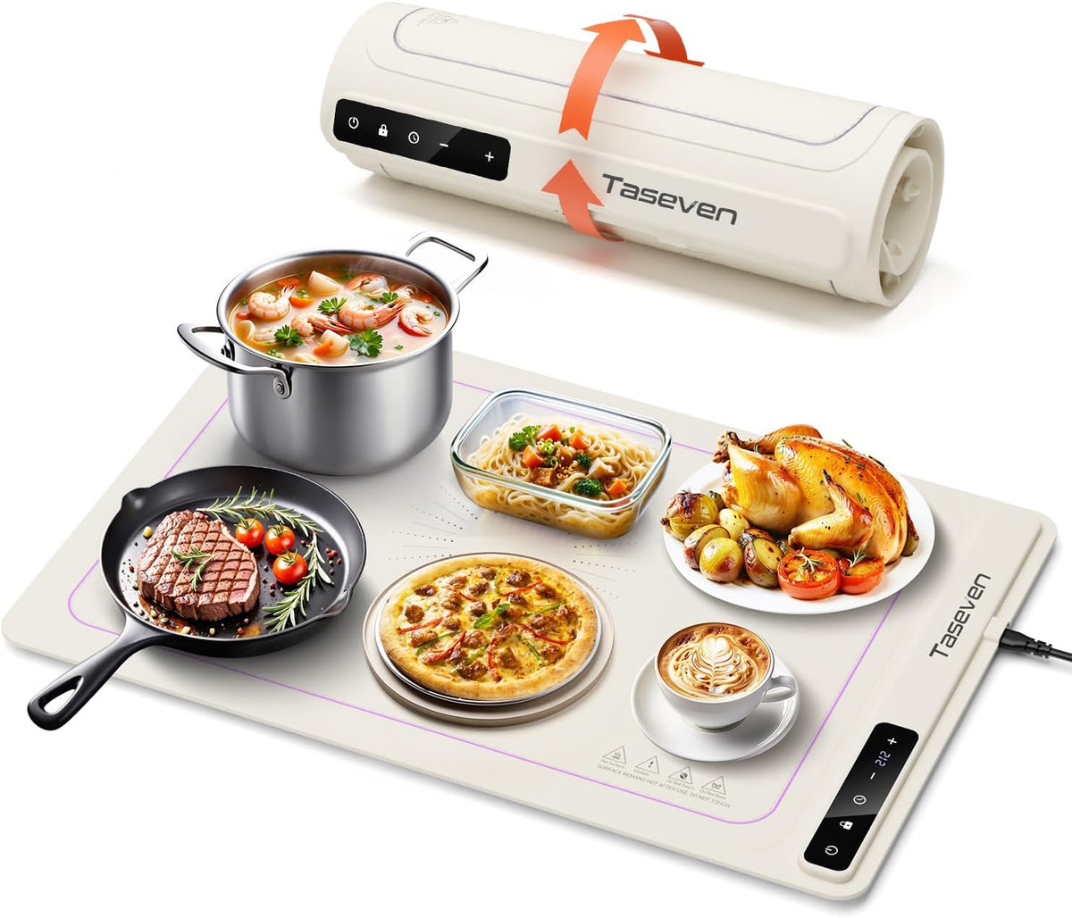 Food Warming Mat, Silicone Heating Tray with 7 Temperature Settings, Quick Full Surface Heating Pad, Thermochromic Line, Kids Lock, Food Warmers for Parties