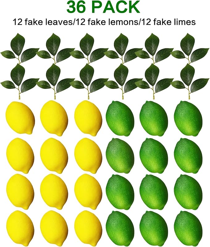 Fake Fruit Artificial Lemons 24 Pcs, Faux Lemon Leaves 12 Pcs Lifelike Fake Lemon Decor for Kitchen Table Cabinet Party Plastic Fruits Photography Prop